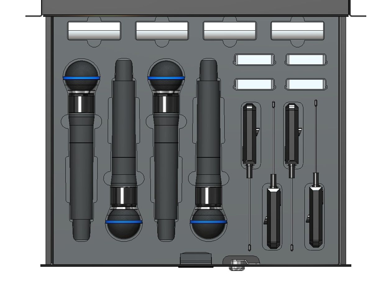 2U Skuminnlegg 4x Shure ADX2 SM58 og 4x AD1X Beltpack med batteri